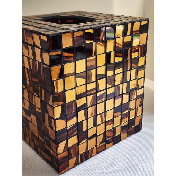 TISSUE BOX HOLDER/COVER-Glass Mosiac-Browns-Golds-Top Opening-5.5 x 6 in - Picture 7 of 10